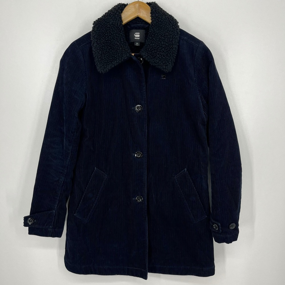 G-Star RAW Deline Cord Mac Jacket Navy Blue Corduroy Faux Shearling XS